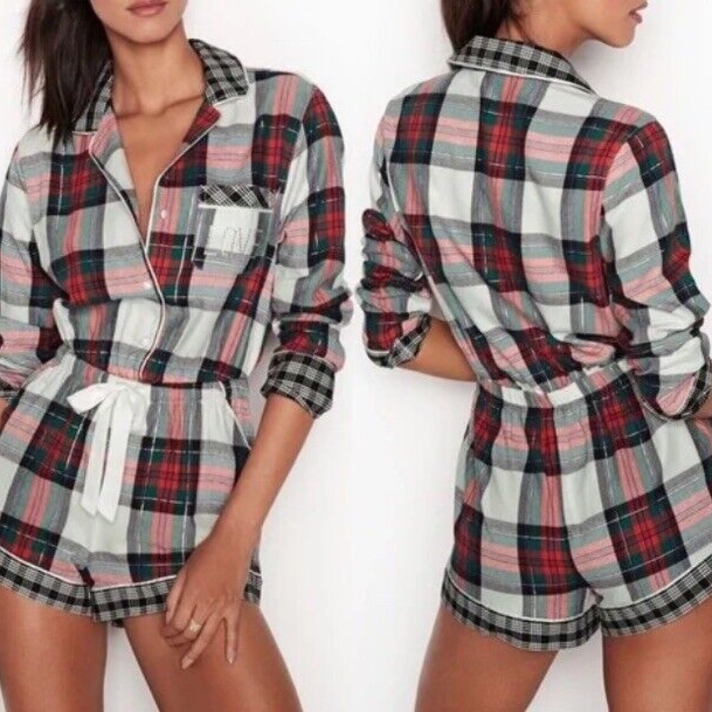 Victoria's Secret Flannel Plaid Sleep Romper Sz M